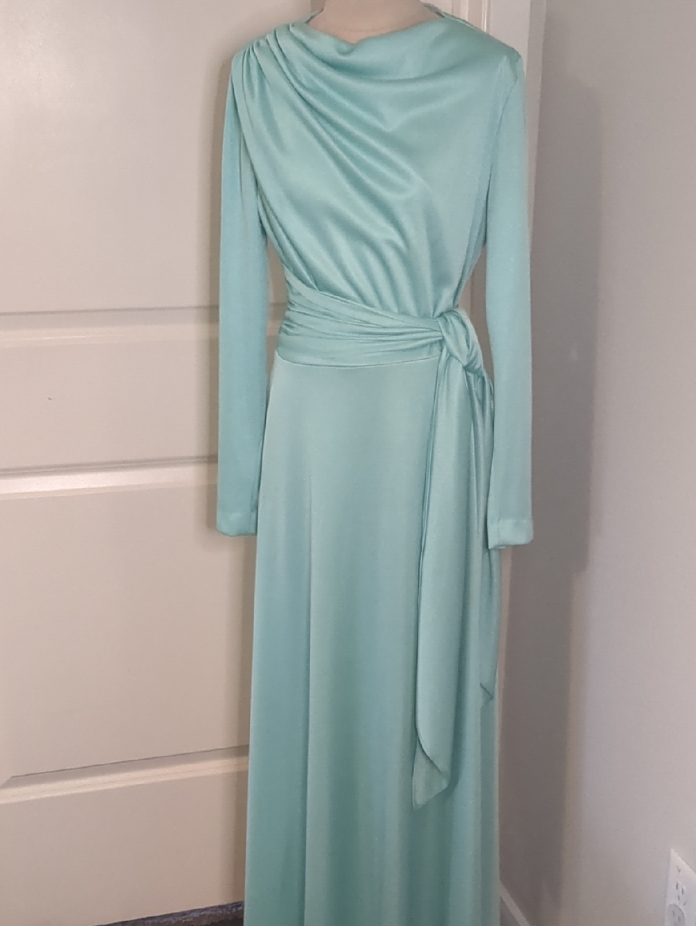 Vintage 1970s Hal Ferman Maxi Dress Elegant Mint Green Long Sleeve SZ S